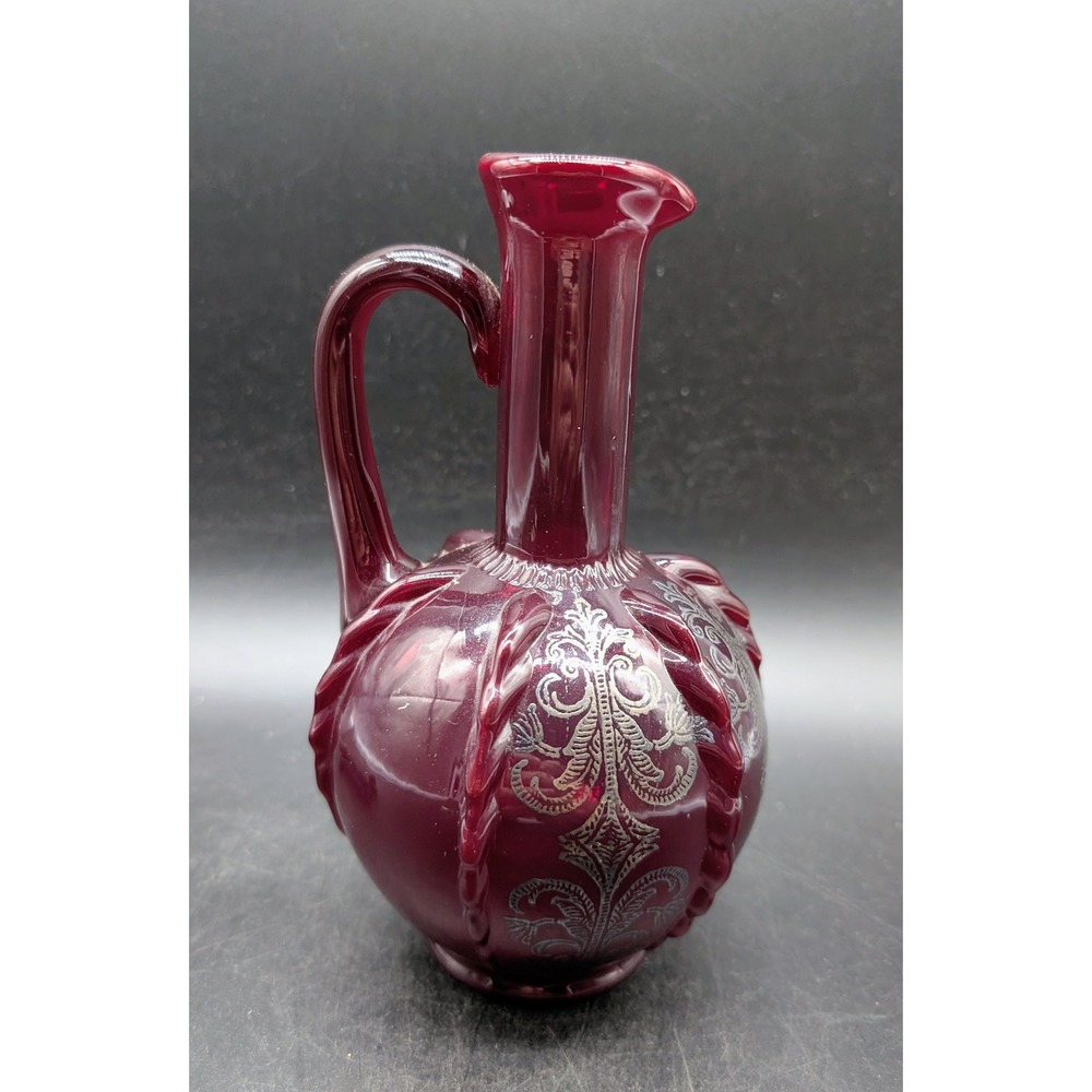 New Martinsville Ruby Red Glass Cruet Silver Overlay Small Pitcher Antique As Is